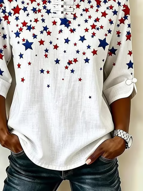 Women Star Mandarin Collar Half Sleeve Blouse Printing Vintage Daily Summer Top