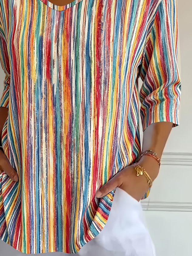 Women Abstract Stripes Three Quarter Sleeve Tee T-shirt V Neck Printing Casual Graphic Tee Spring/Fall Top