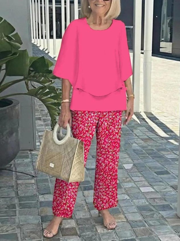 Women Floral Two-Piece Set Daily Short Sleeve Casual Summer Top With Pants Matching Set