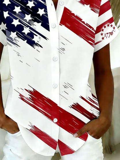 Women America Flag Shirt Collar Short Sleeve Shirt Printing Casual Daily Summer Top