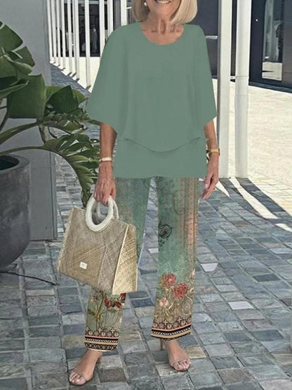 Women Floral Two-Piece Set Daily Short Sleeve Casual Summer Top With Pants Matching Set
