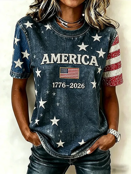 Women Independence Day (Flag) Short Sleeve Tee T-shirt Crew Neck Printing Casual Graphic Tee Summer Top