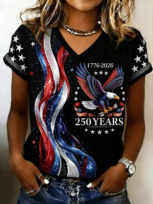 Women Text Letters Short Sleeve Tee T-shirt V Neck Printing Vintage Summer Top