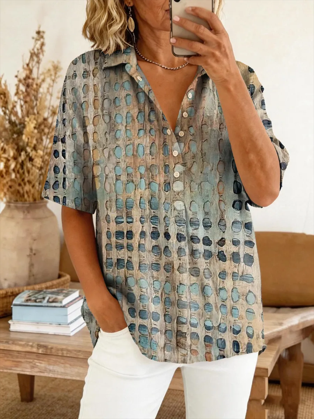 Women Abstract Shirt Collar Short Sleeve Shirt Printing Casual Daily Summer Top