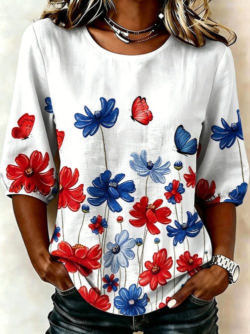 Women Floral Crew Neck Half Sleeve Blouse Printing Vintage Daily Summer Top