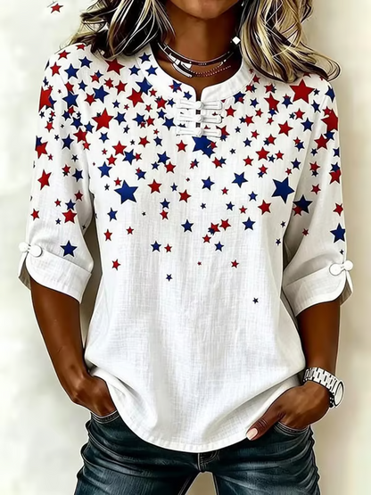 Women Star Mandarin Collar Half Sleeve Blouse Printing Vintage Daily Summer Top