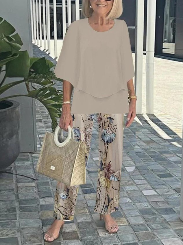 Women Floral Two-Piece Set Daily Short Sleeve Casual Summer Top With Pants Matching Set