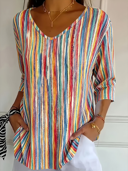 Women Abstract Stripes Three Quarter Sleeve Tee T-shirt V Neck Printing Casual Graphic Tee Spring/Fall Top