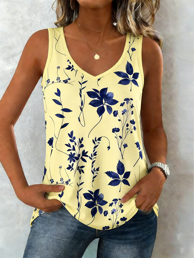 Women Sleeveless Tank Top Camisole Summer Floral V Neck Daily Casual Top
