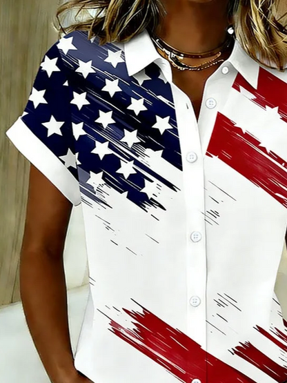 Women America Flag Shirt Collar Short Sleeve Shirt Printing Casual Daily Summer Top