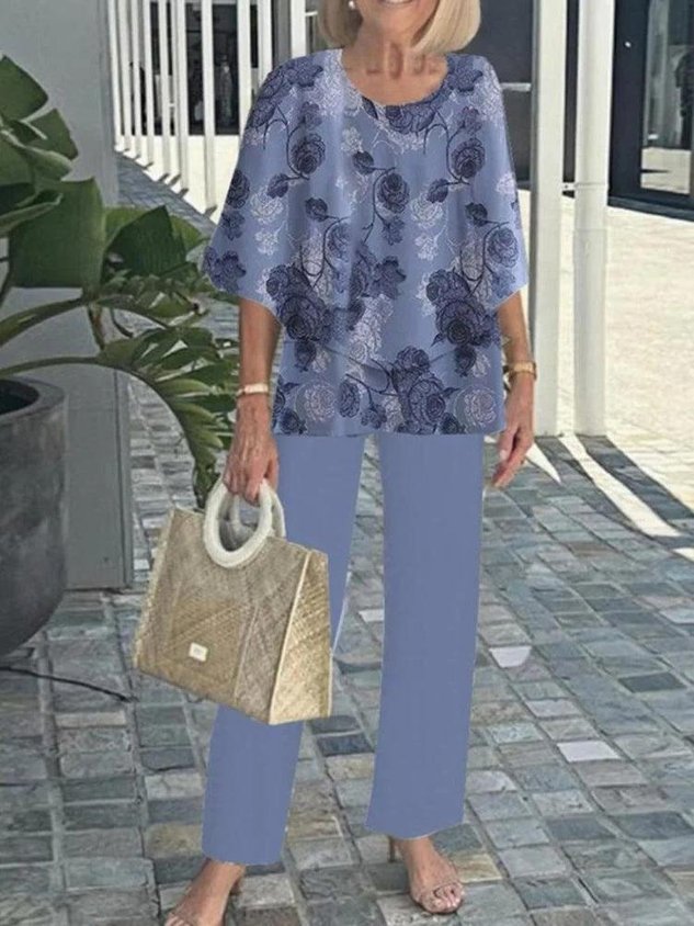 Women Floral Two-Piece Set Daily Short Sleeve Casual Summer Top With Pants Matching Set