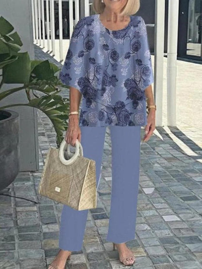Women Floral Two-Piece Set Daily Short Sleeve Casual Summer Top With Pants Matching Set