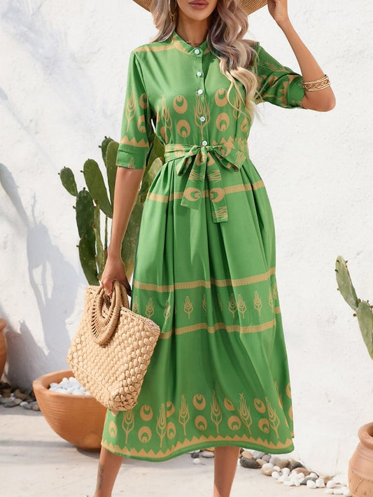 Women Geometric Short Sleeve Crew Neck Printing Dress Daily Vintage Maxi Shirt Dress A-Line Summer Dress
