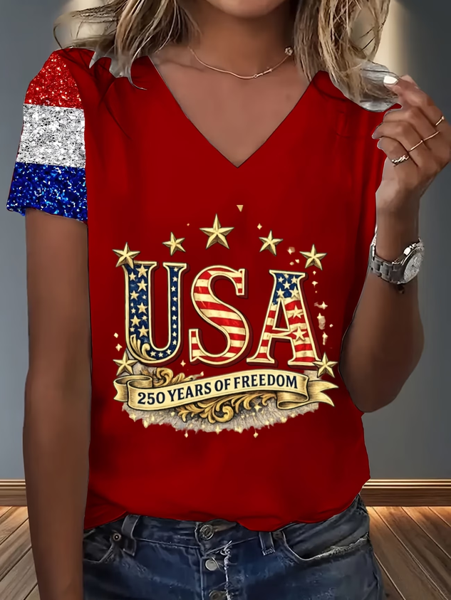 Women Text Letters Short Sleeve Tee T-shirt V Neck Casual Summer Top
