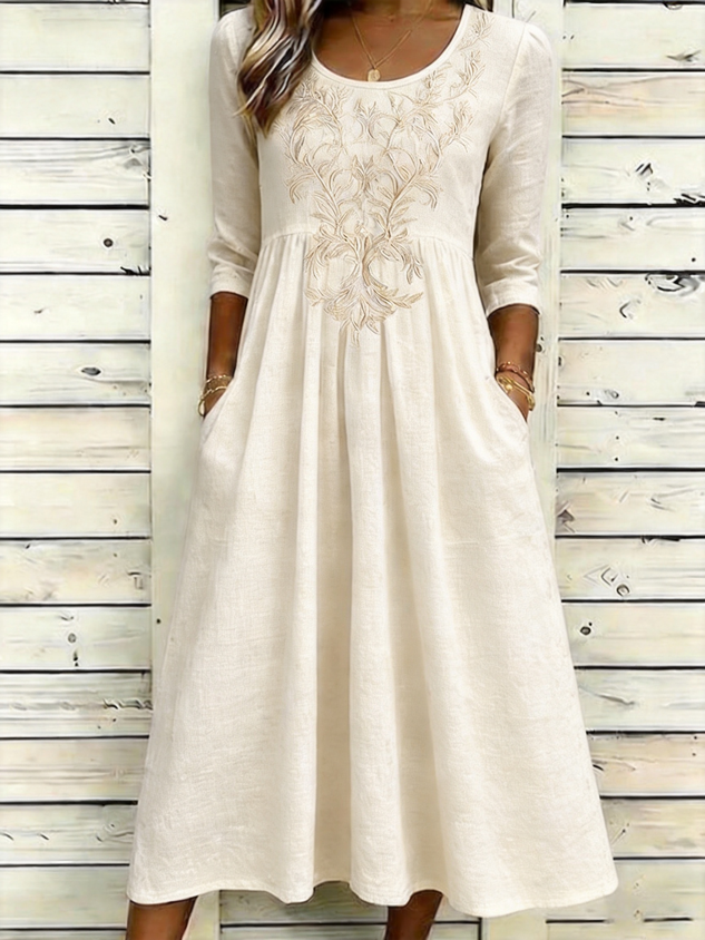 Women Floral Half Sleeve Crew Neck Dress Daily Vintage Maxi A-Line Summer Dress