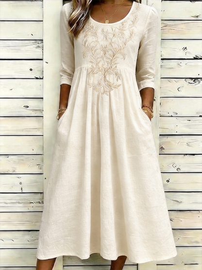 Women Floral Half Sleeve Crew Neck Dress Daily Vintage Maxi A-Line Summer Dress