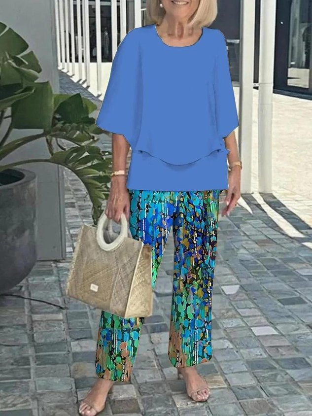 Women Floral Two-Piece Set Daily Short Sleeve Casual Summer Top With Pants Matching Set