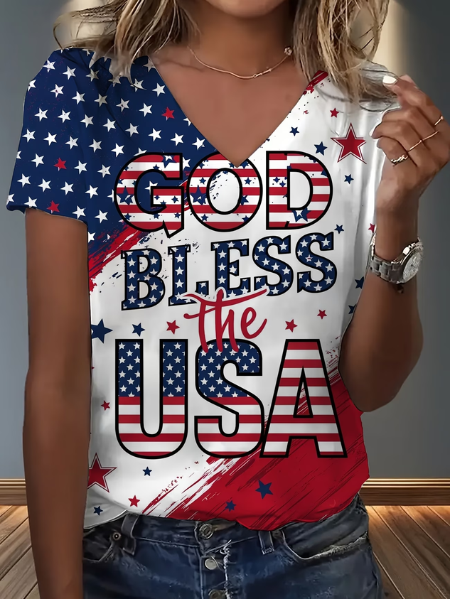 Women Text Letters Short Sleeve Tee T-shirt V Neck Casual Summer Top