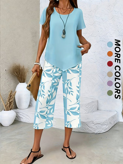 Women Floral Two-Piece Set Daily Short Sleeve Casual Summer Top With Pants Matching Set