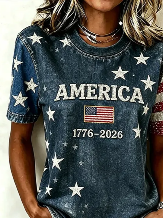 Women Independence Day (Flag) Short Sleeve Tee T-shirt Crew Neck Printing Casual Graphic Tee Summer Top