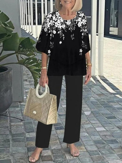 Women Floral Two-Piece Set Daily Short Sleeve Casual Summer Top With Pants Matching Set