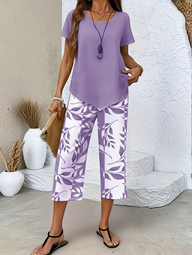 Women Floral Two-Piece Set Daily Short Sleeve Casual Summer Top With Pants Matching Set