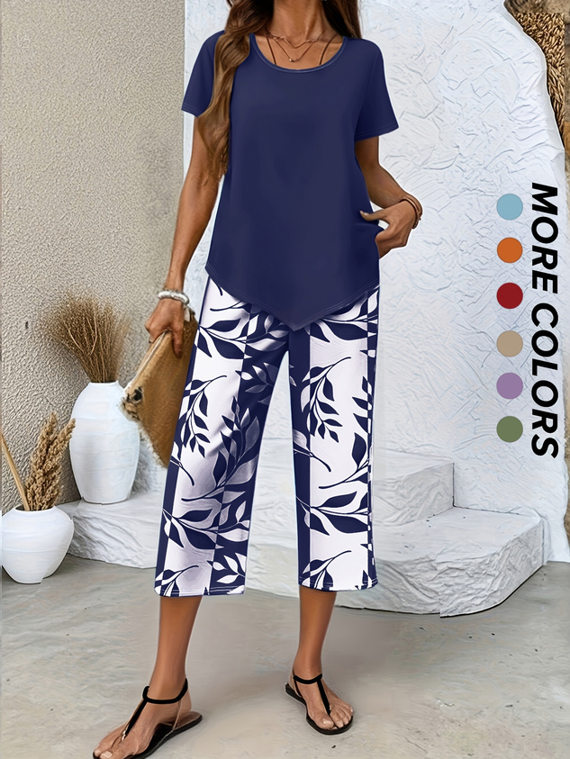 Women Floral Two-Piece Set Daily Short Sleeve Casual Summer Top With Pants Matching Set
