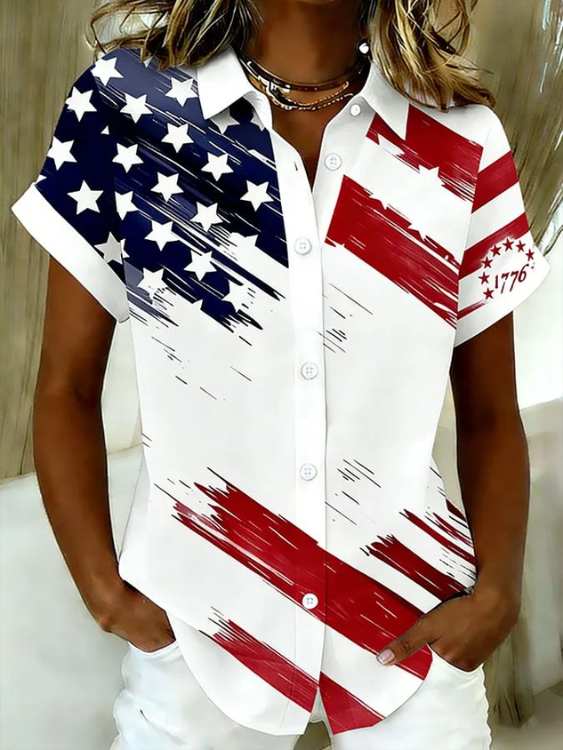 Women America Flag Shirt Collar Short Sleeve Shirt Printing Casual Daily Summer Top
