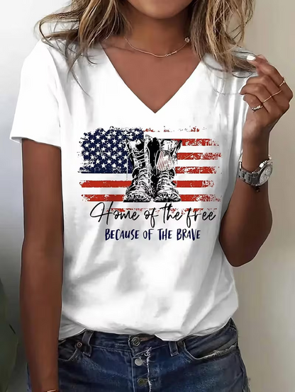 Women Text Letters Short Sleeve Tee T-shirt V Neck Casual Summer Top