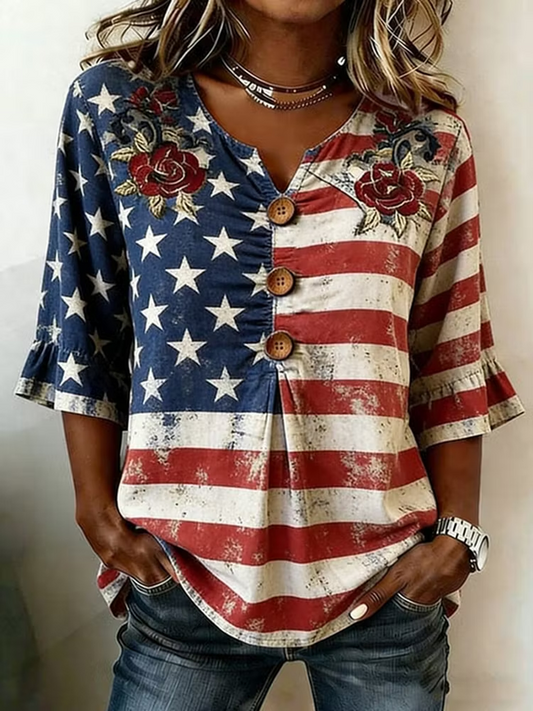 Women Independence Day (Flag) V Neck Half Sleeve Blouse Printing Vintage Daily Summer Top