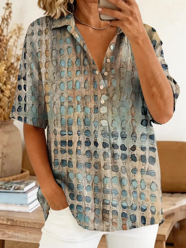 Women Abstract Shirt Collar Short Sleeve Shirt Printing Casual Daily Summer Top