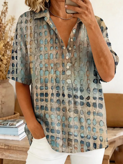 Women Abstract Shirt Collar Short Sleeve Shirt Printing Casual Daily Summer Top